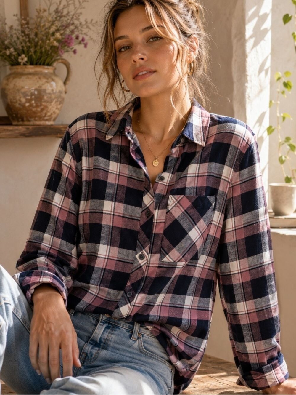 Orvis Plaid Flannel Shirt Pink Navy Button Front Pocket Size M
